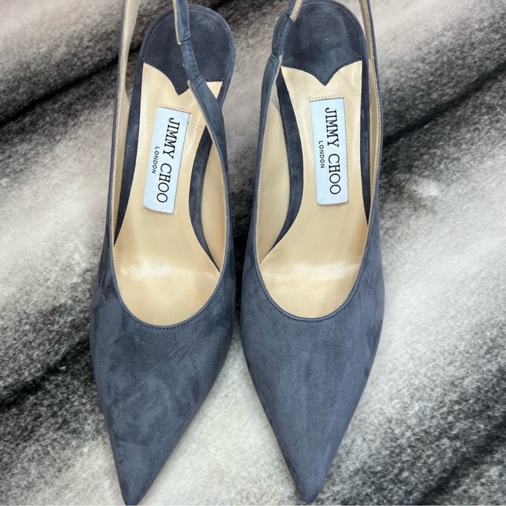 Jimmy Choo Ivy 85 mm Dusk Grey Suede Point Toe Slingback Heels - Picture 2 of 10